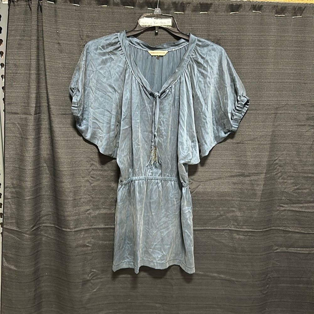 Rebecca‎ Taylor slate blue 100% silk blousy dress batwing sleeves tassel ties 2